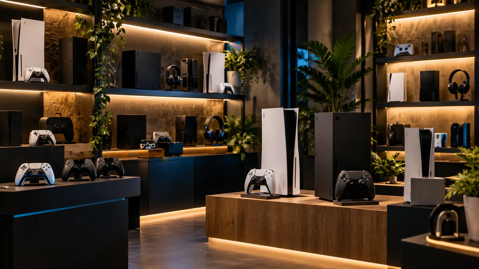 A bemutatótérben a teljes setup látszik. Modern gaming konzol és periféria bemutatótér